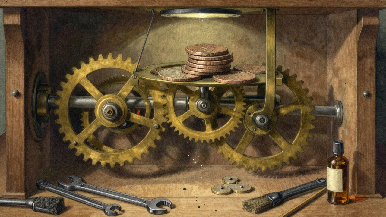 Close-up of Big Ben's pendulum with pennies and intricate 19th-century clock gears under soft light.