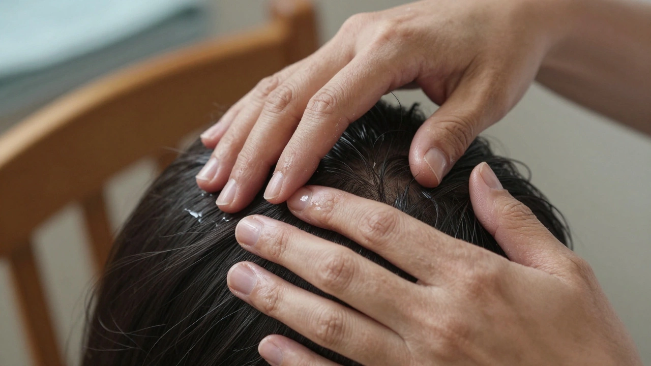 Close-up of hands performing circular scalp massage with gentle oil sheen.