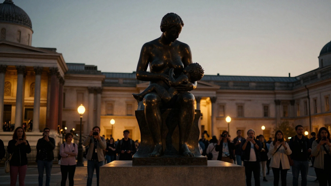 Contemporary sculpture on Fourth Plinth depicting a woman breastfeeding, illuminated by twilight streetlights with blurred visitors.