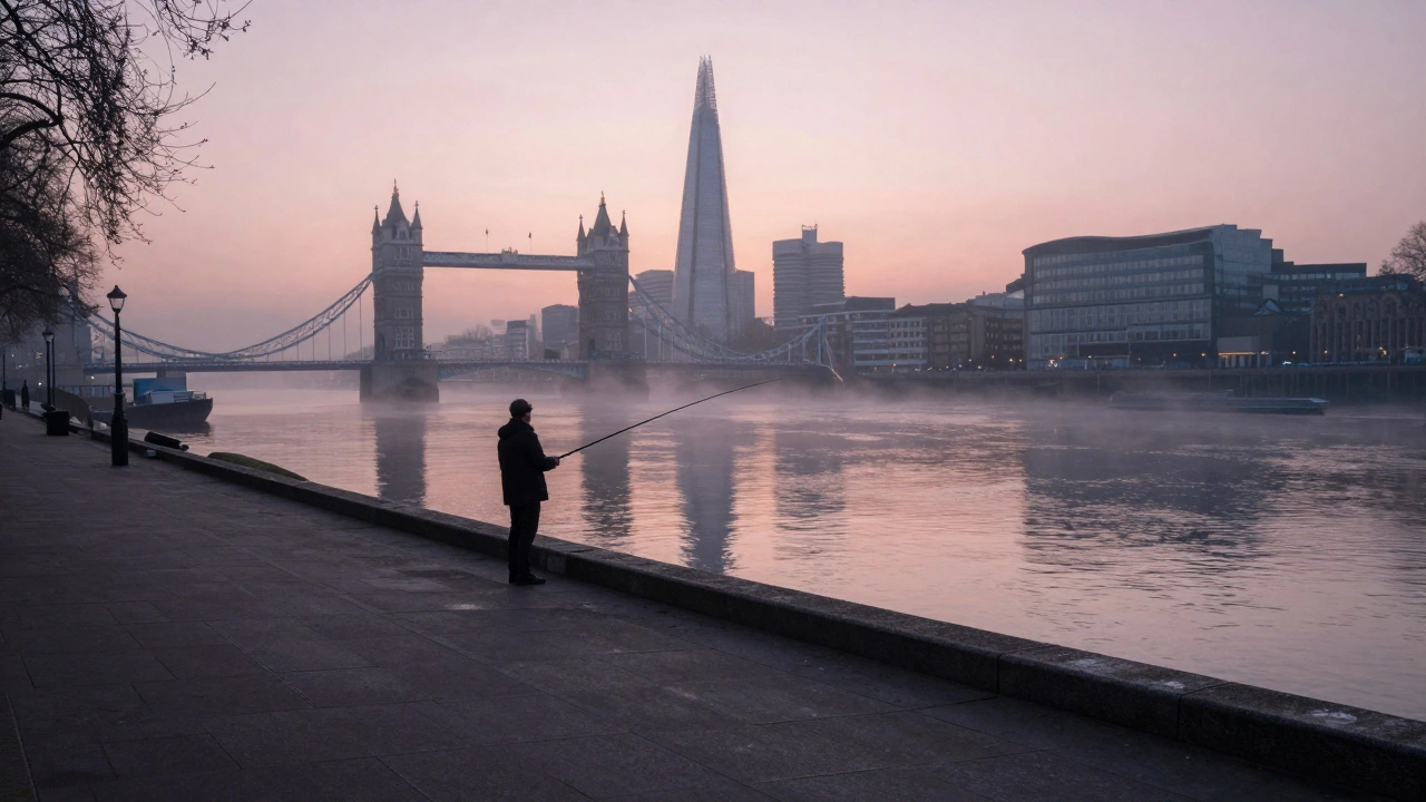 Dawn walk along the Thames with mist, lone fisherman, and quiet city silhouette.