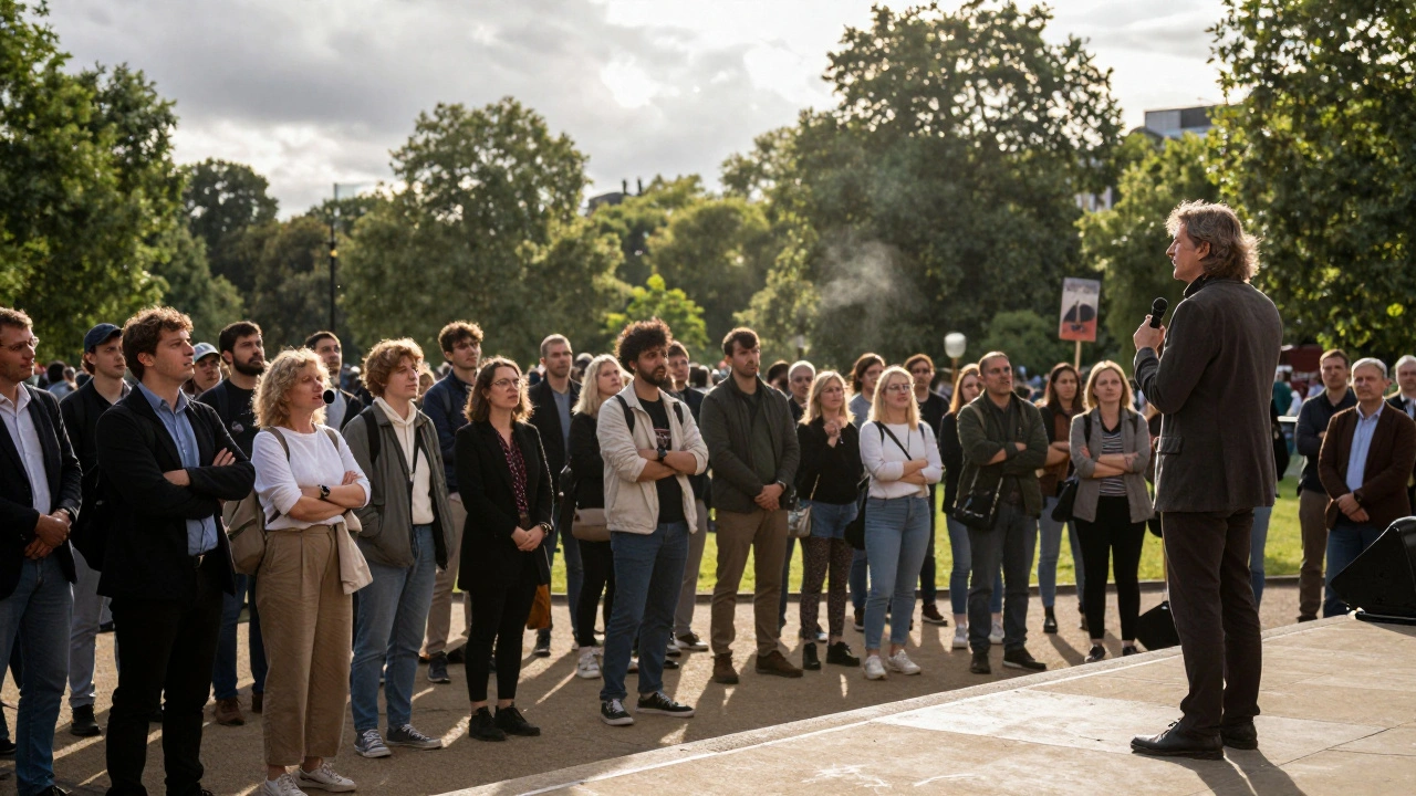 Diverse crowd gathered at Speaker’s Corner, listening to a speaker on a stone platform.