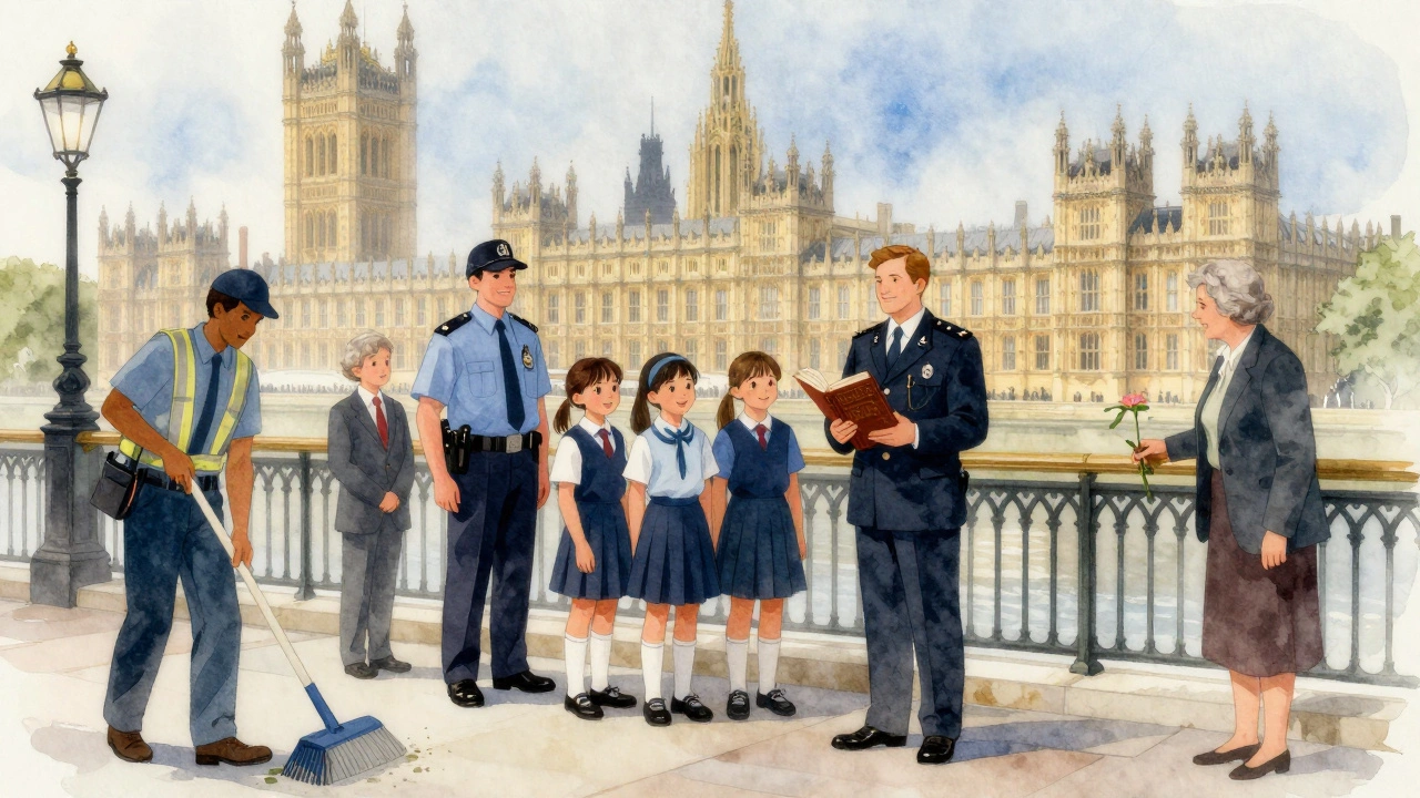 Diverse unsung staff and visitors honoring Parliament, with a cleaner, officer, and teacher beside the historic building.