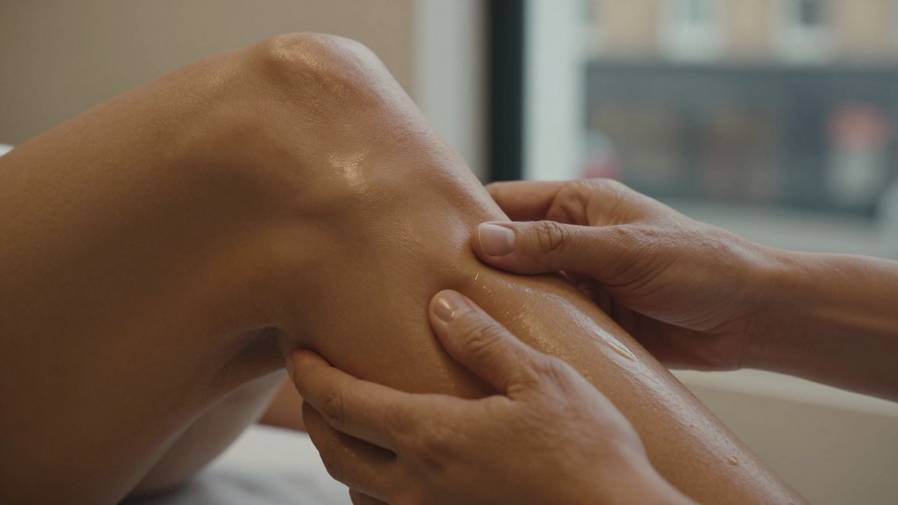Hands applying deep pressure to a tight calf muscle during sports massage
