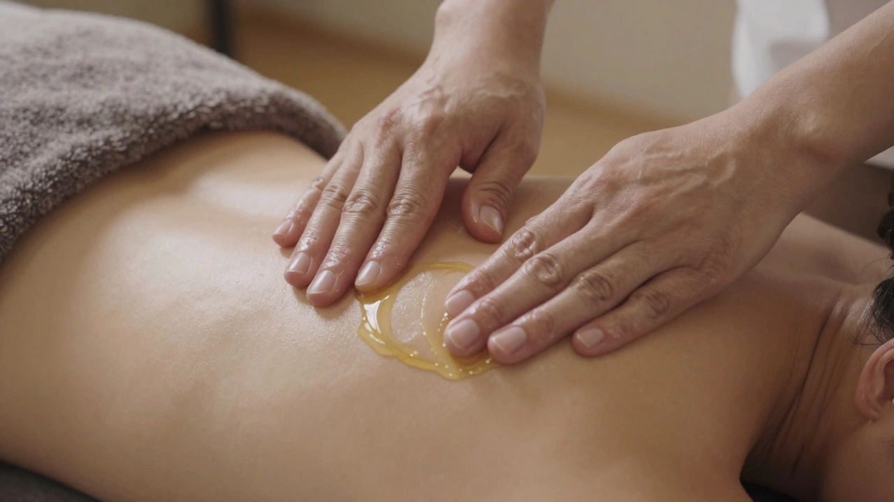 Hands applying warm oil to a shoulder during a therapeutic massage.