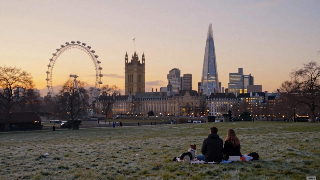 London skyline viewed from Parliament Hill at sunset, with landmarks glowing and a couple relaxing on the grass.