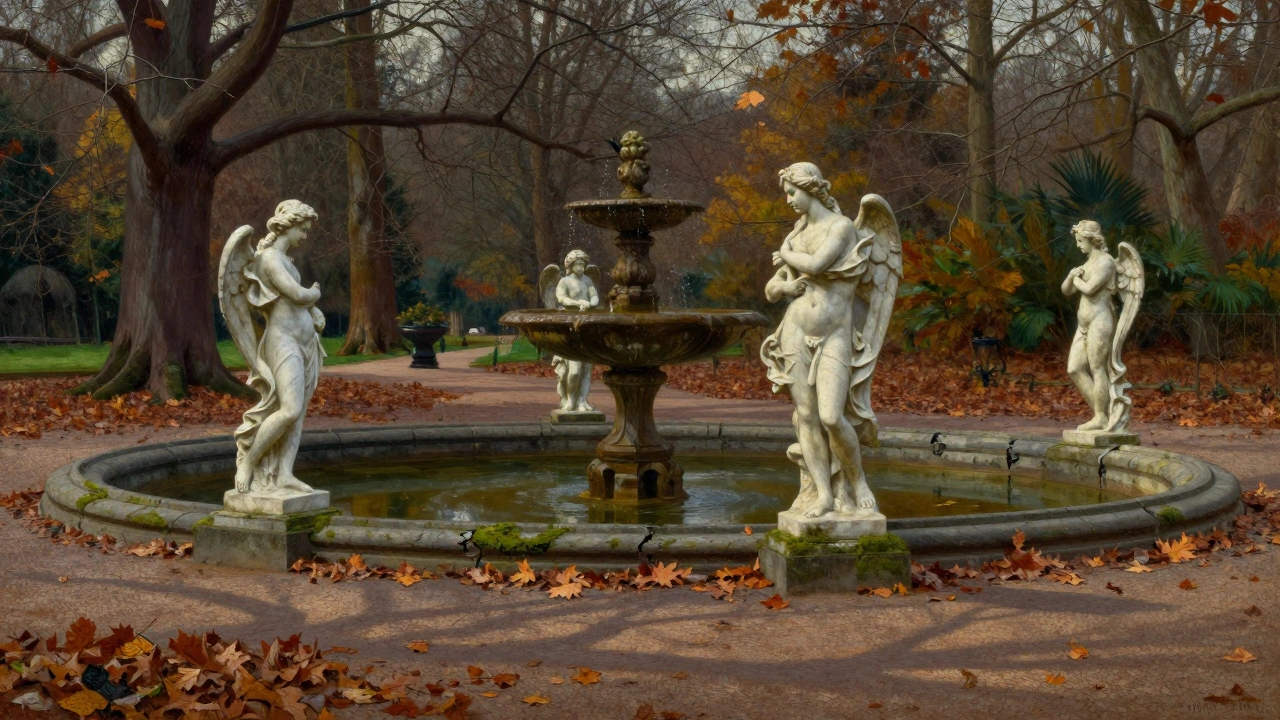 Marble statues stand silent in the Italian Gardens, surrounded by fallen leaves and dry fountains.