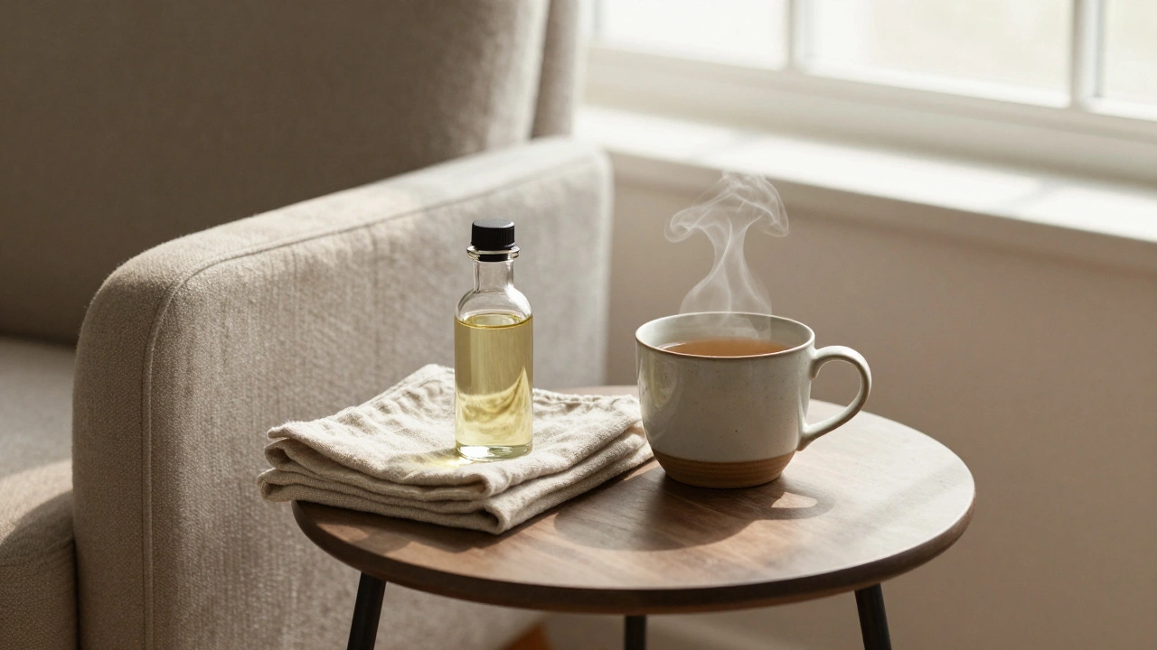 Minimalist self-massage setup with oil bottle, towel, and tea beside a chair.