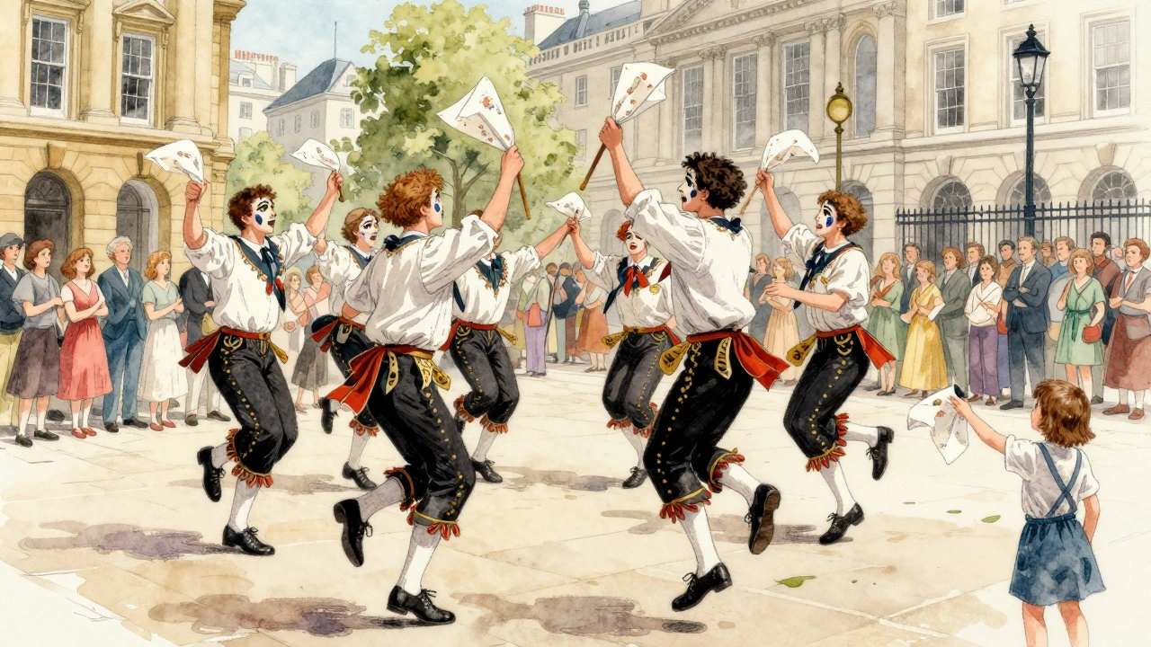 Morris dancers in traditional attire performing with handkerchiefs in city streets.