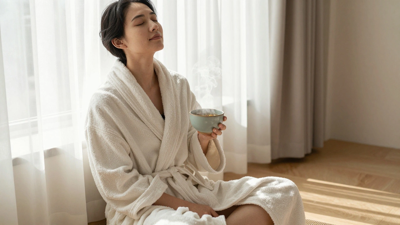 Person relaxed in a robe, sipping herbal tea by a sunlit window after a session.