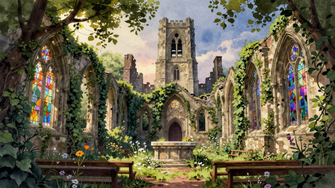 Ruined church turned garden with trees growing through arches at dusk.