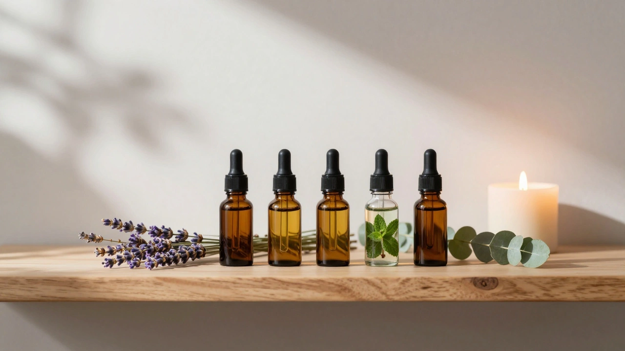 Small glass bottles of essential oils arranged with dried lavender and a lit candle.
