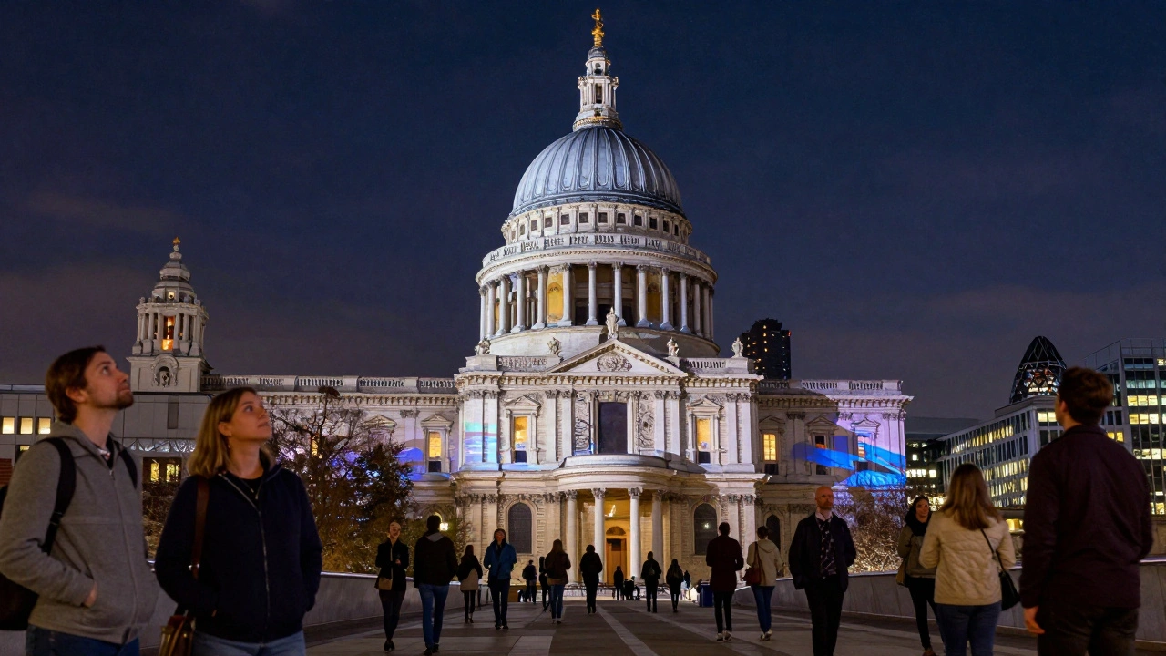 St. Paul’s Cathedral at night with animated projections on its dome, crowd gazing up under stars as modern London glows in the background.