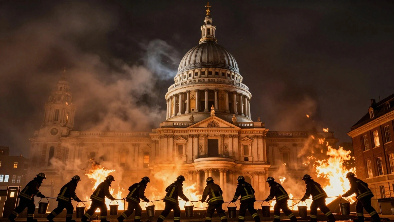 St. Paul’s Cathedral during the Blitz, surrounded by smoke and fire, firefighters forming human chains to save the building.