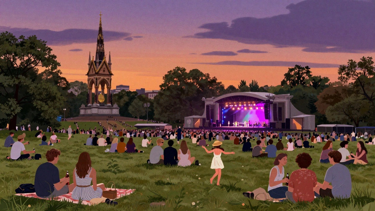 Summer festival crowd lounging on grassy hills under twilight sky in Hyde Park.