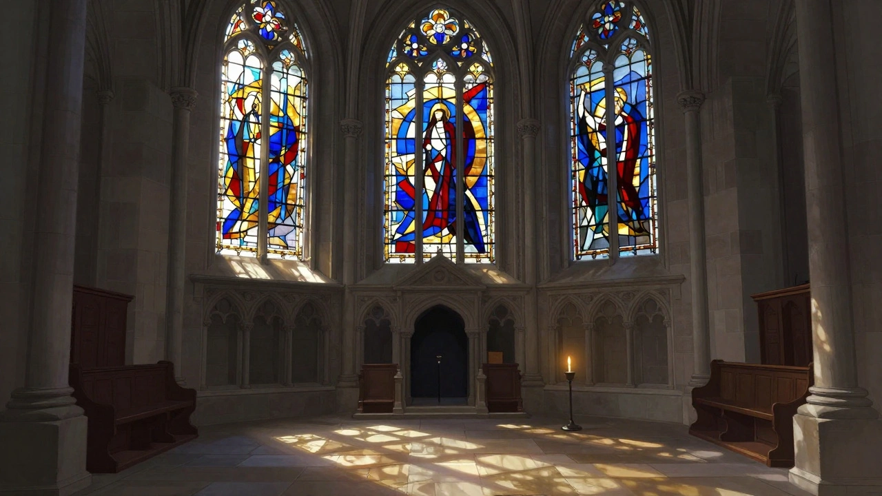 Sunlight filtering through abstract 1950s stained glass inside St. Paul’s Cathedral, casting colorful patterns on stone floors.