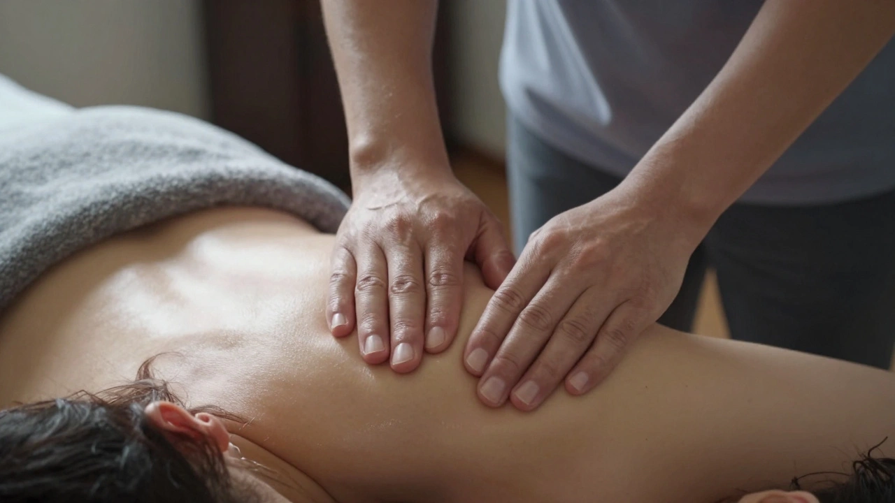 Therapist's hands applying focused pressure to a shoulder with natural lighting and blurred surroundings.