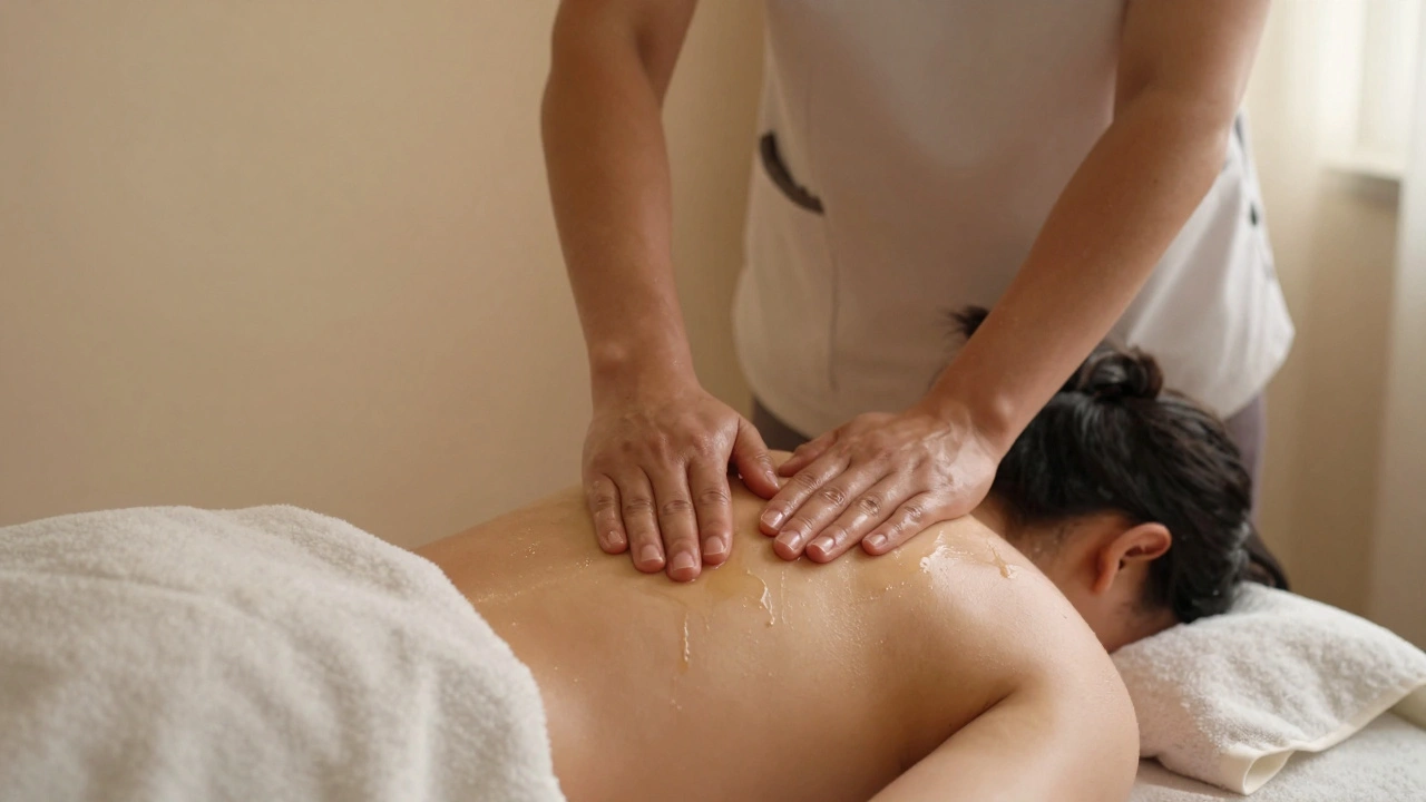 Therapist applying pressure to a client's upper back during a massage.