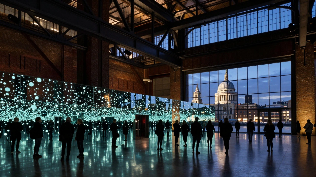 Visitors stand before Kusama's infinity room at Tate Modern, with St. Paul's visible through the windows.