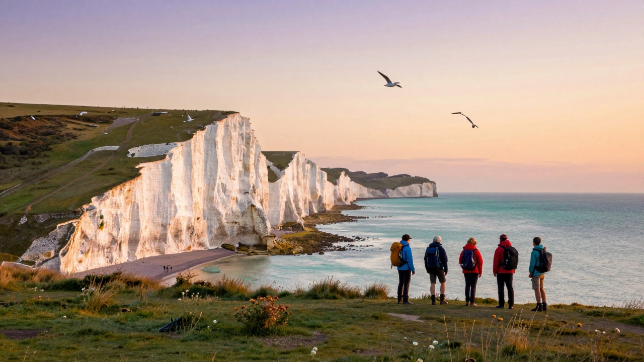 White chalk cliffs of the Seven Sisters overlooking the sea at sunrise with hikers silhouetted against the light.