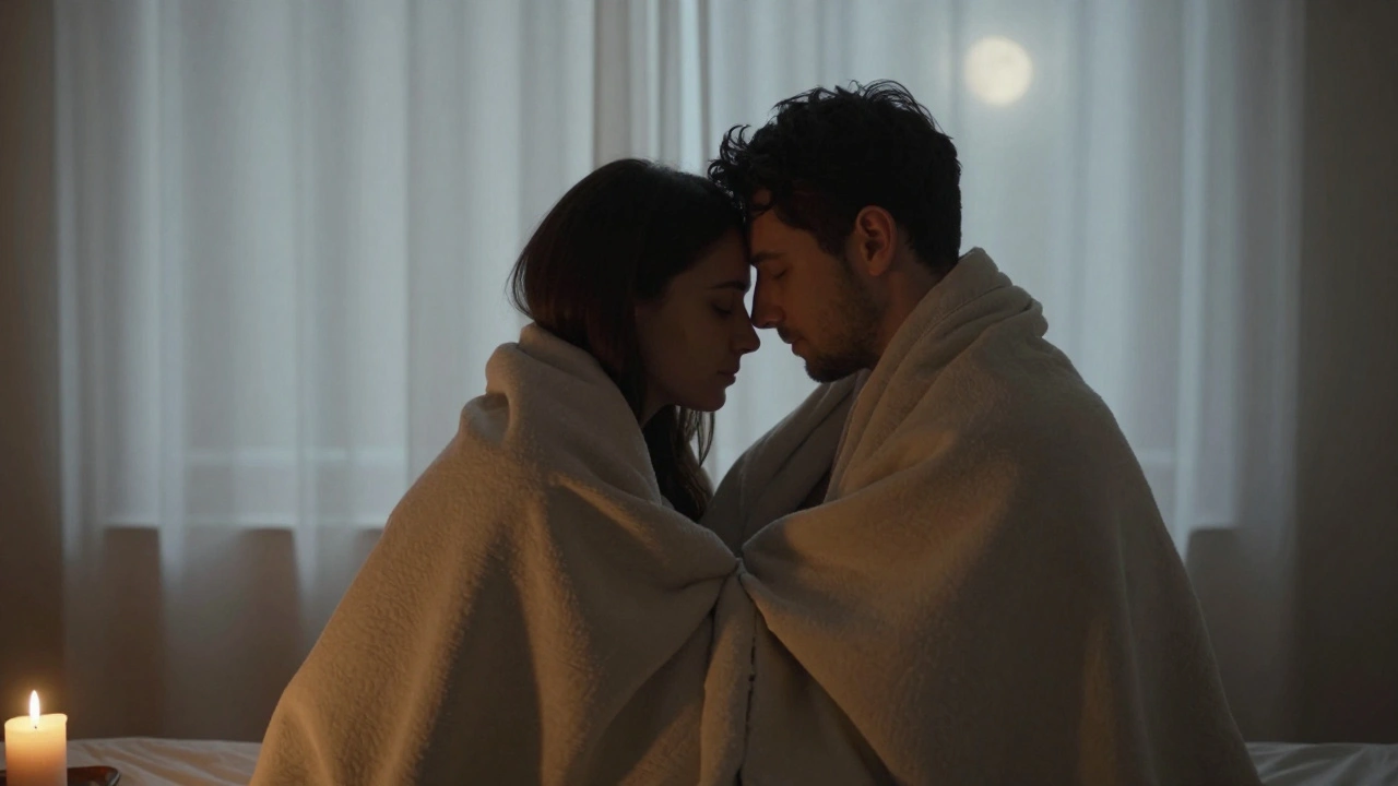 A couple hugging quietly after a massage, eyes closed, wrapped in a blanket.