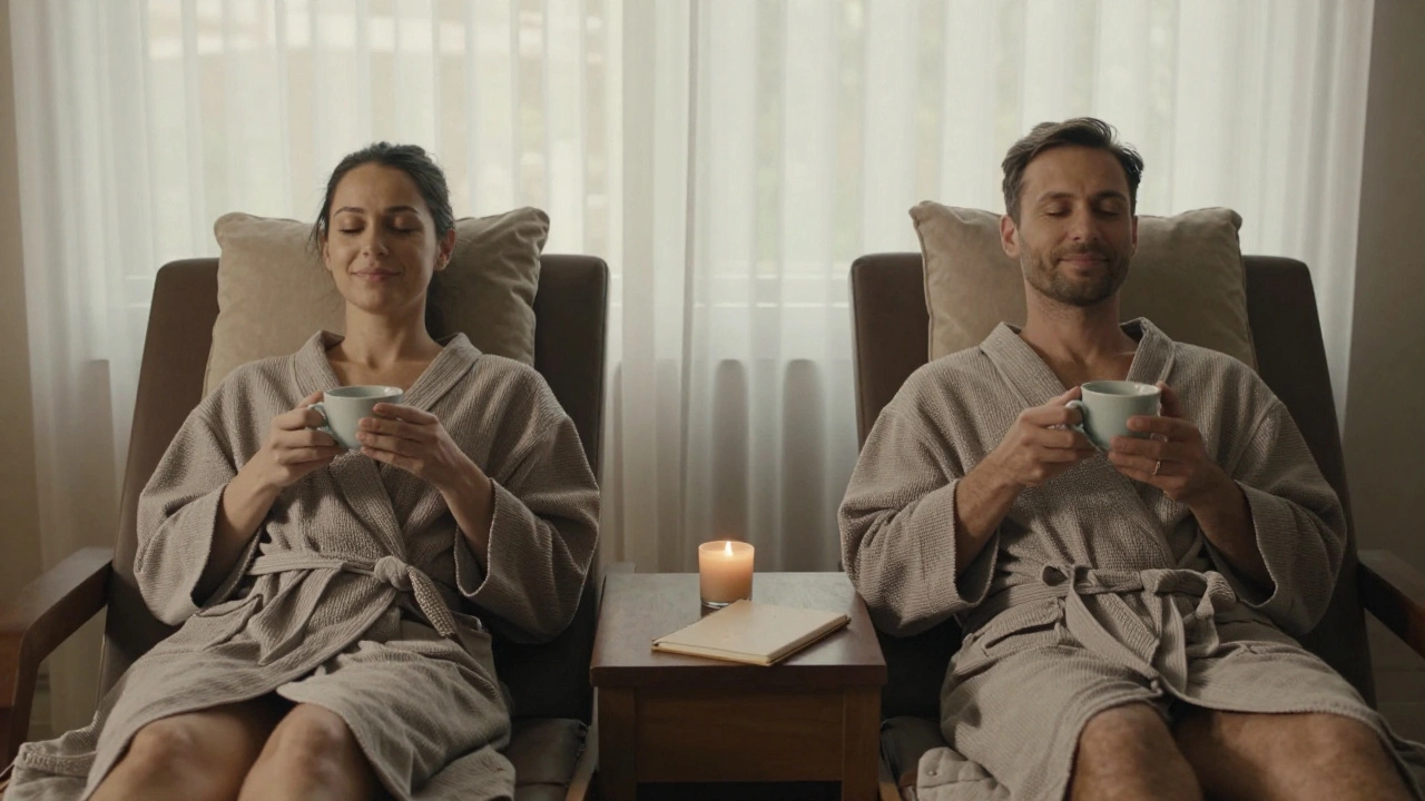 A couple relaxing after a massage, sipping tea in robes, candlelight and natural light creating a serene moment.