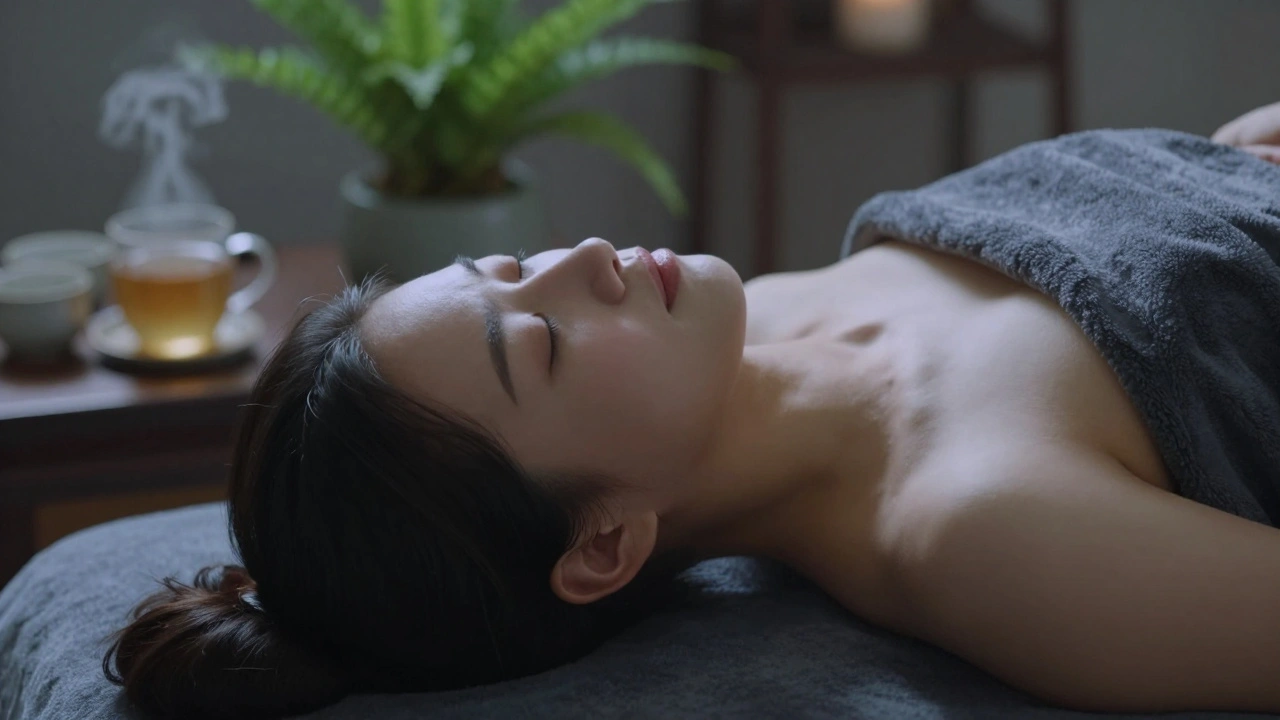 A person lying peacefully after a massage, eyes closed, radiating calm and restored well-being.