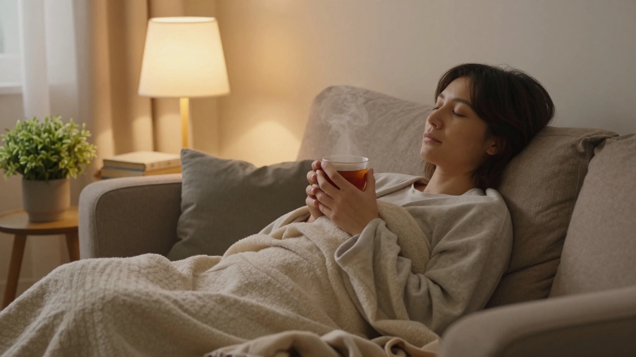 A person relaxing on a couch after a massage, wrapped in a blanket and holding tea.