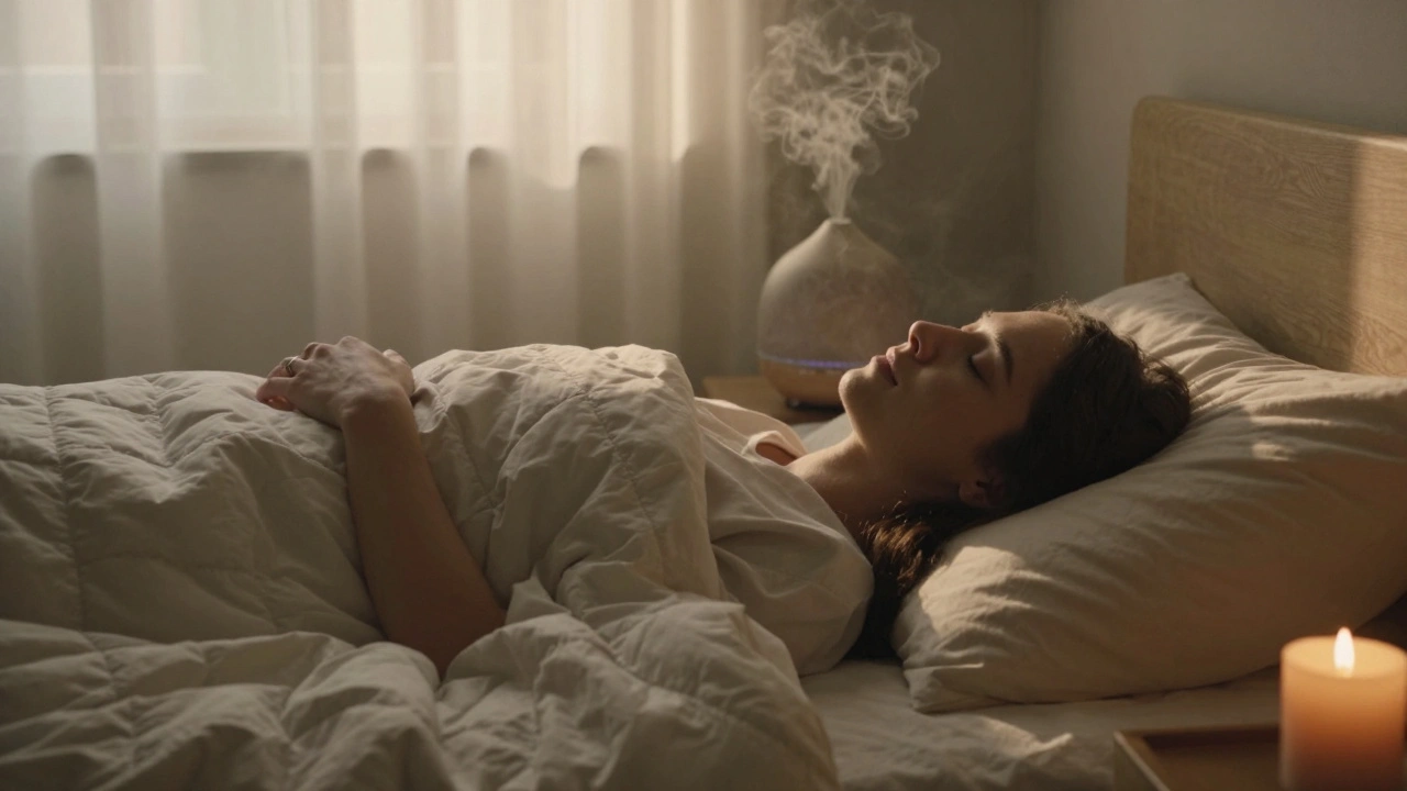 A person resting peacefully under a blanket after a massage, with a diffuser and candle nearby.