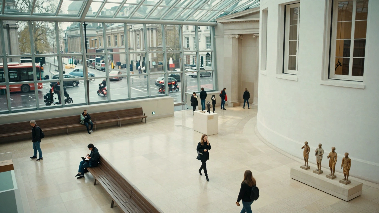 A quiet afternoon in the British Museum's Great Court, with visitors exploring artifacts under soft sunlight.