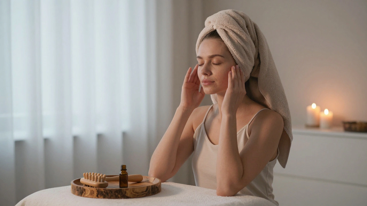 A woman relaxing with a warm towel over her head, surrounded by calm elements in a minimalist studio.