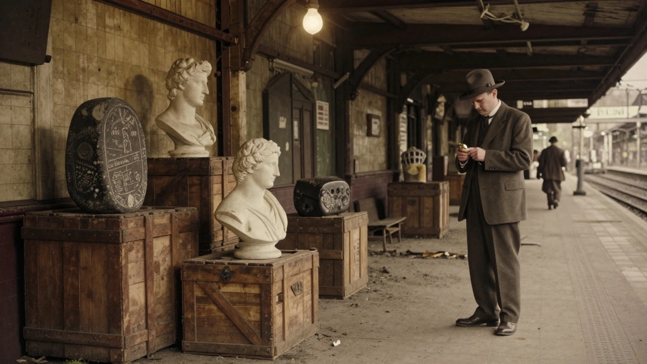 An abandoned WWII-era underground station with crates of ancient artifacts, a lone curator checking a pocket watch.