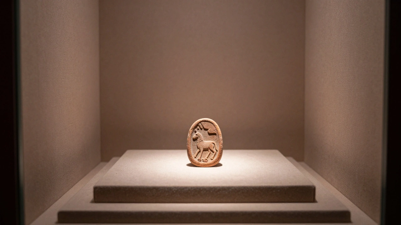 An ancient Indus Valley clay seal displayed in dim light, its tiny animal imprint clearly visible in a quiet, empty gallery corner.