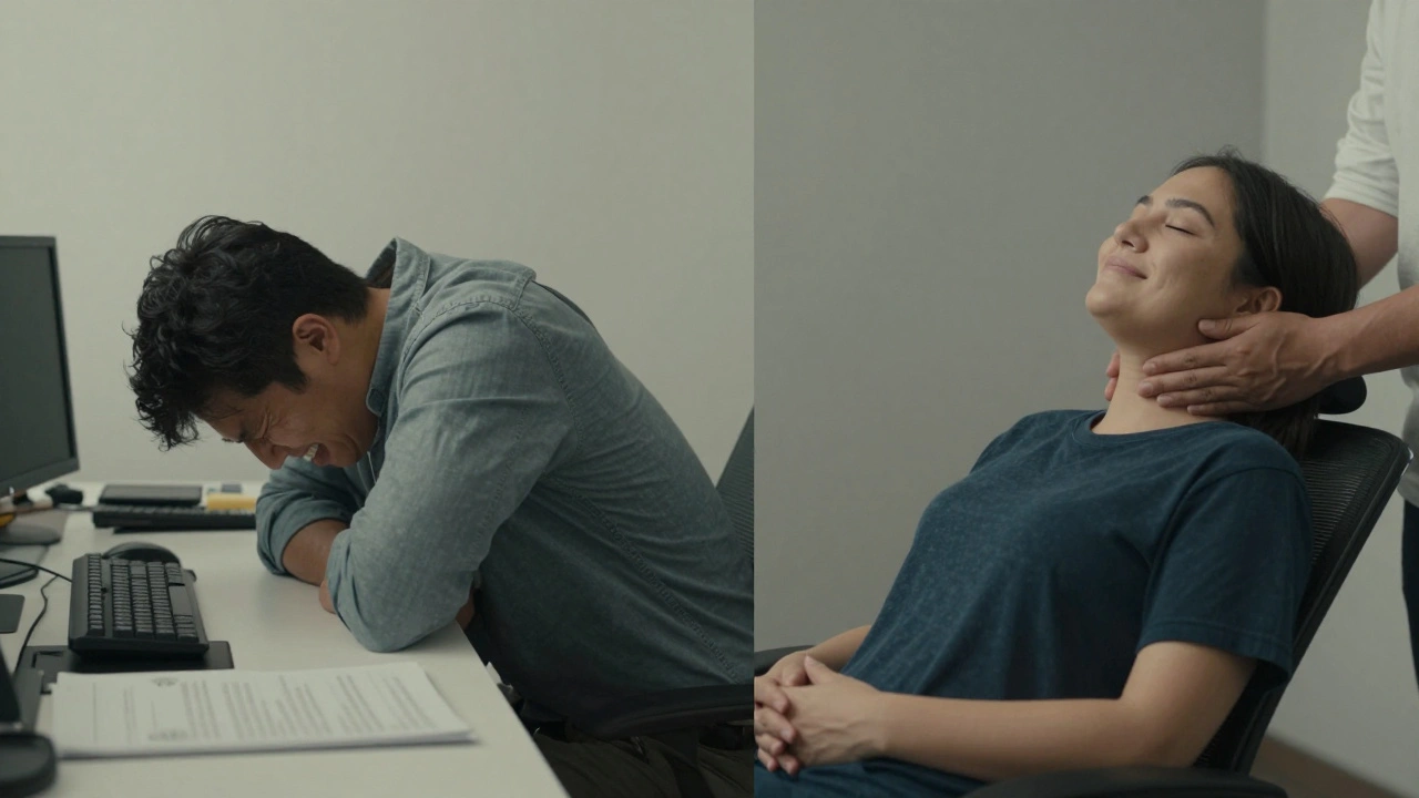 Before-and-after contrast: tense posture vs. peaceful relaxation after head massage.