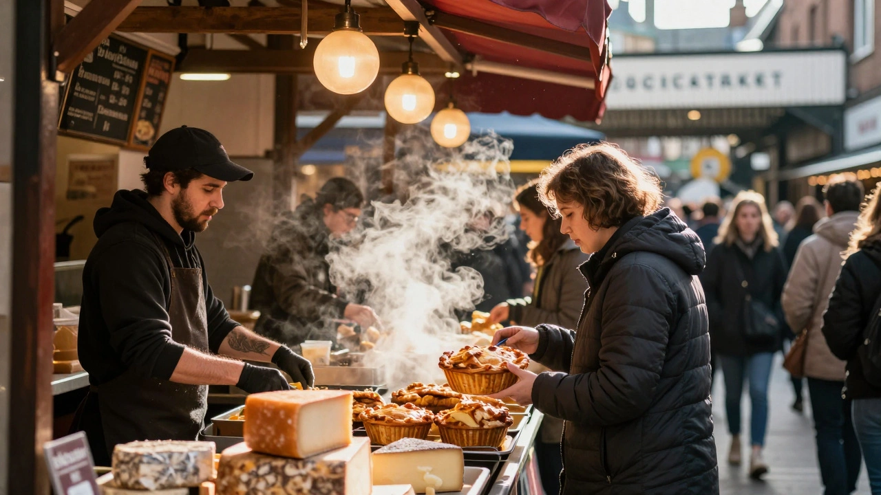 Borough Market food stalls with artisanal cheese and pies