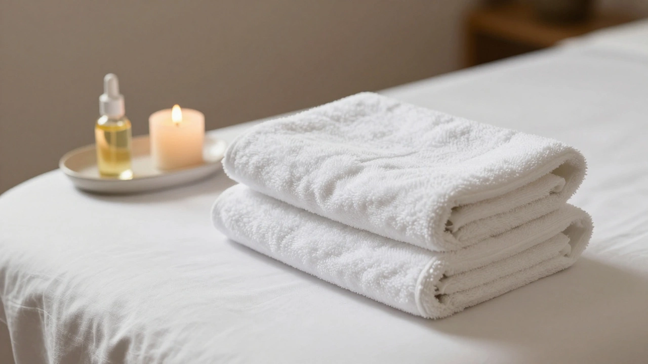 Clean towels and essential oils arranged neatly on a massage table.