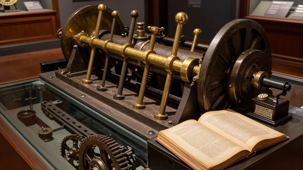Close-up of 19th-century hydraulic machinery inside Tower Bridge's exhibition, with brass levers and counterweights.