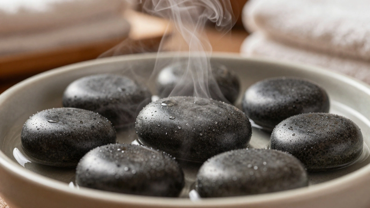 Close-up of basalt stones in a heated water bath, with gentle steam rising under soft spa lighting.