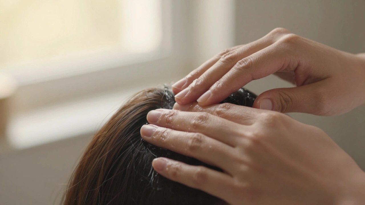 Close-up of fingers making circular motions on scalp with soft natural light.