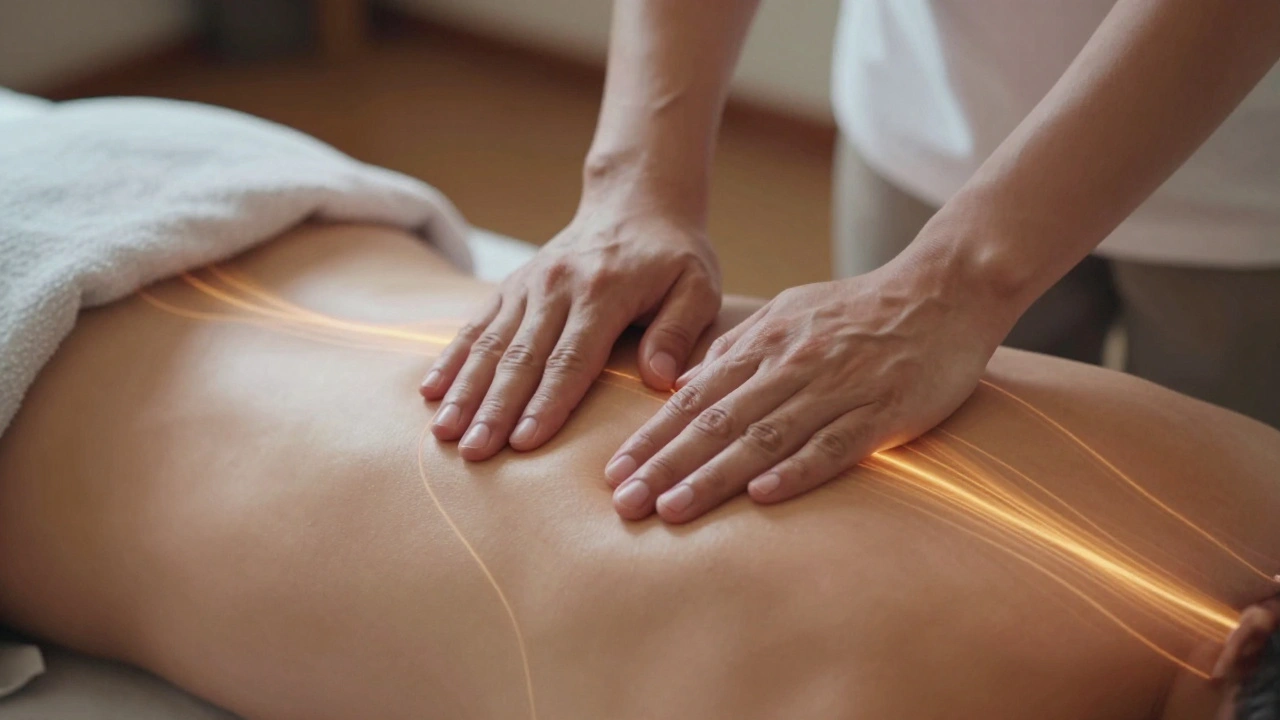 Close-up of hands applying pressure along energy lines during a Thai massage.