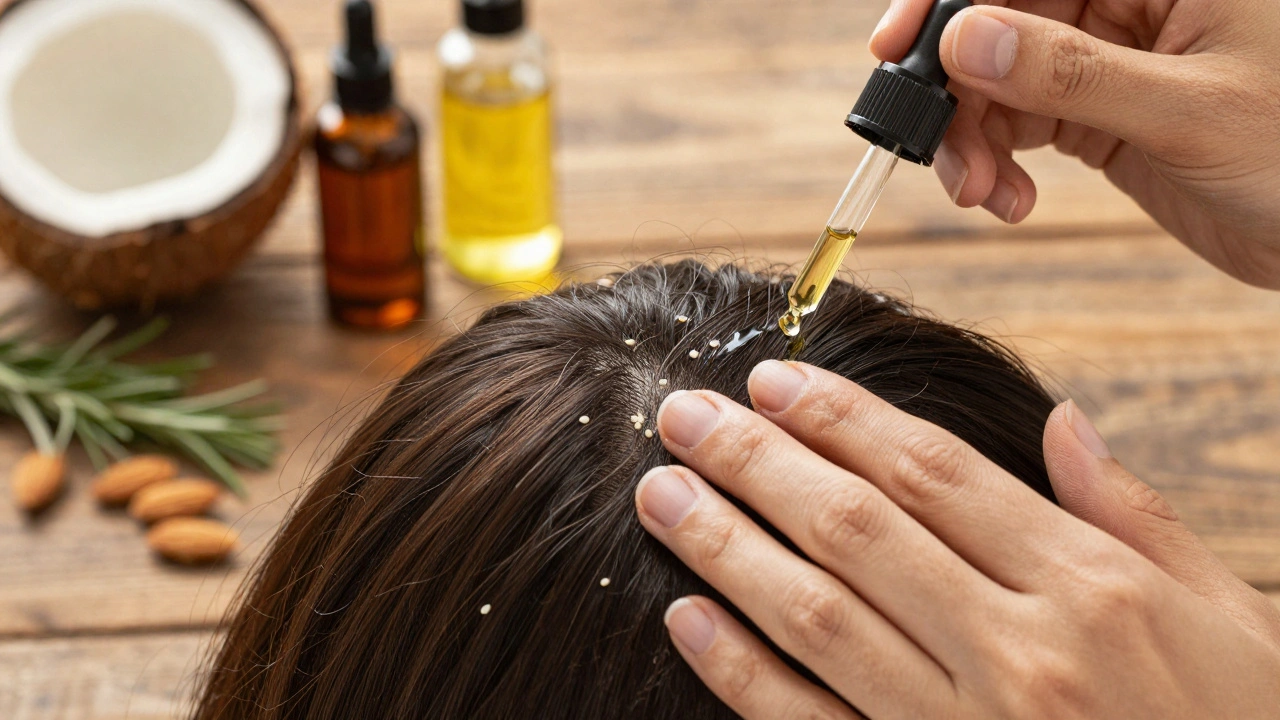Close-up of hands applying sesame oil to scalp, with glistening hair and organic oils in background.