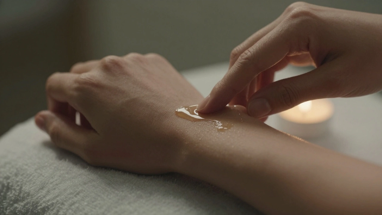 Close-up of hands applying warm oil to a forearm, skin glistening in soft light.