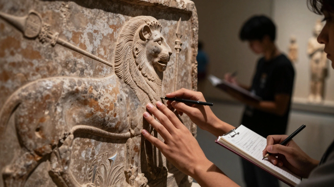 Close-up of hands touching the ancient Assyrian lion hunt relief, with faint sketches visible in the background under soft gallery light.