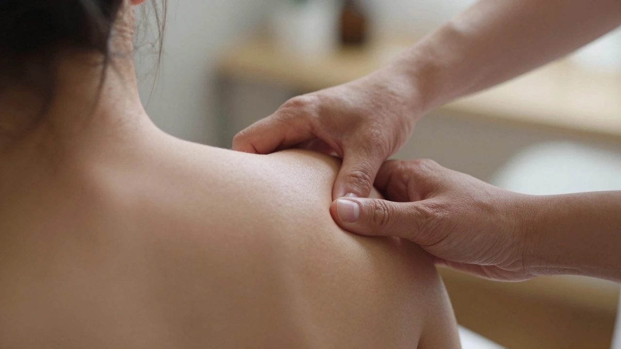 Close-up of hands working intensely on a shoulder to release deep muscle tension.