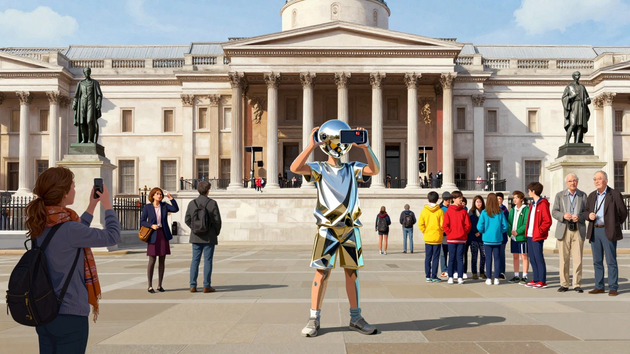 Contemporary mirrored sculpture on the Fourth Plinth reflecting the crowd and Nelson’s Column, with diverse onlookers.