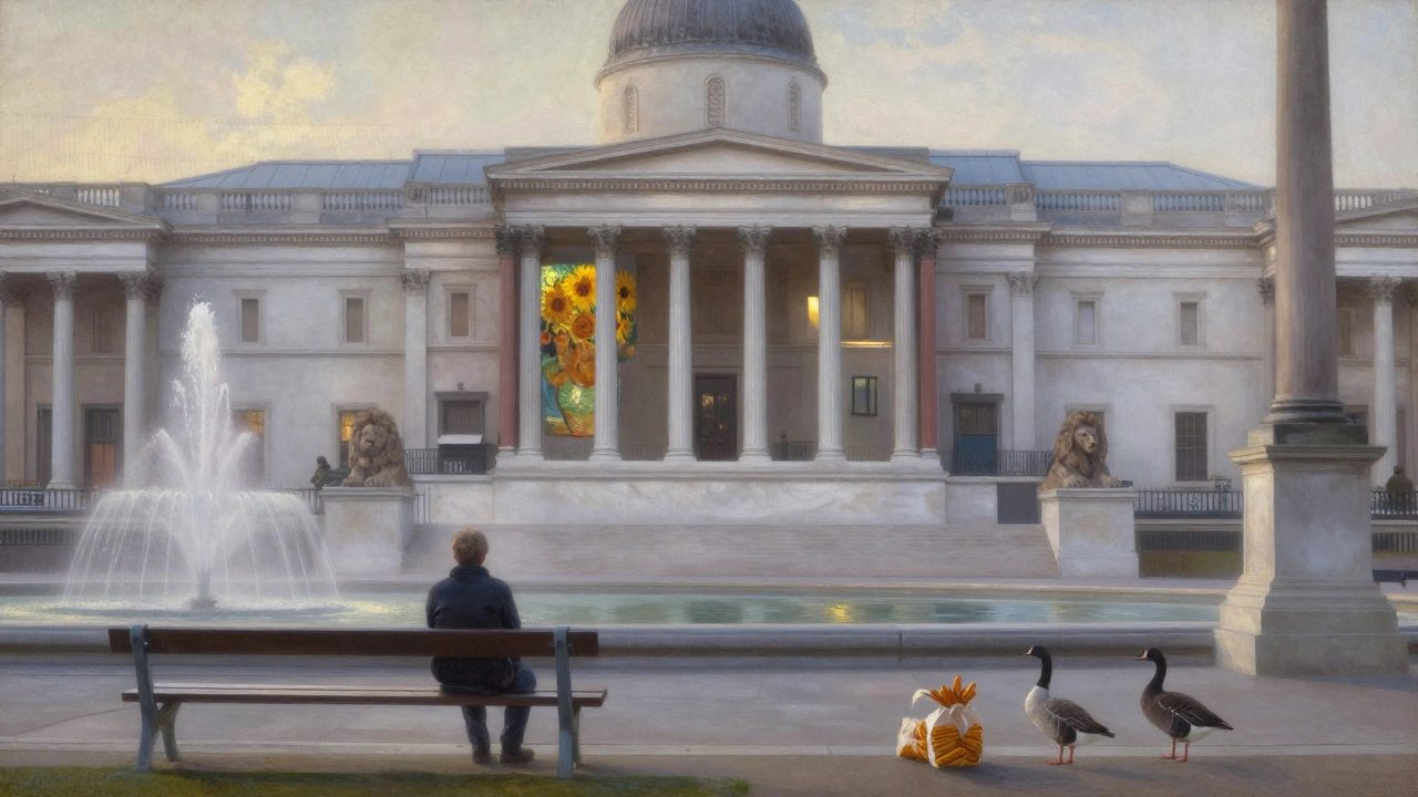 Dawn light on the National Gallery’s steps, a lone person on a bench, fountains misting, and a goose near a corn bag.