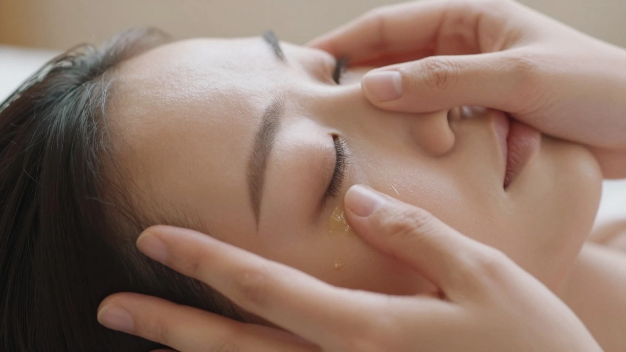 Fingers applying circular pressure on the temples during a head massage, oil glistening on skin.