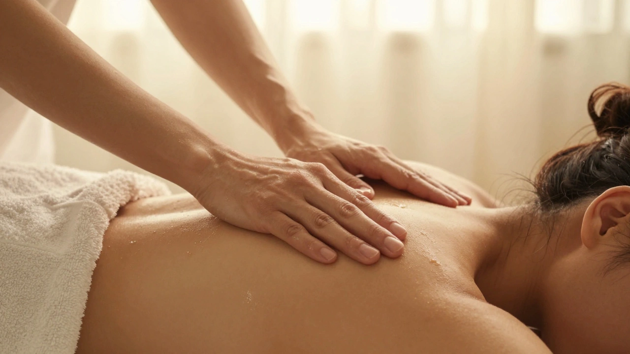 Gentle hands massaging a person's shoulder with soft lighting and draped towel.
