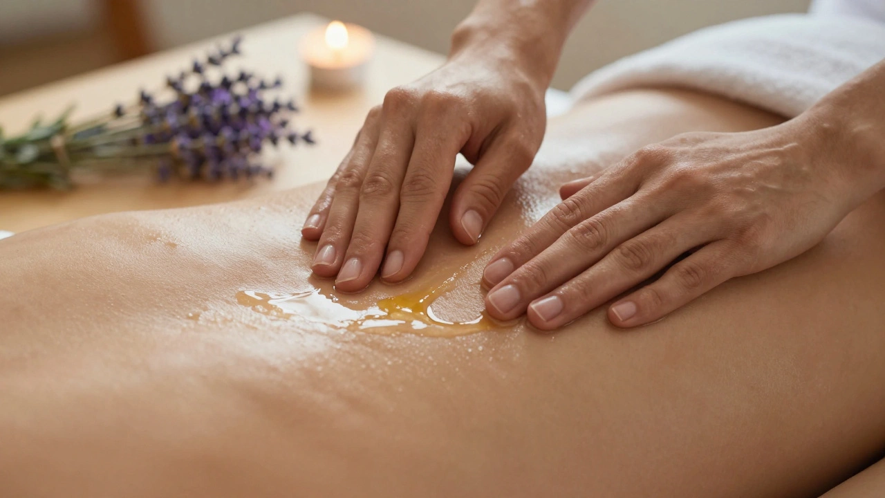 Hands applying warm scented oil to a person's back with lavender sprigs nearby.