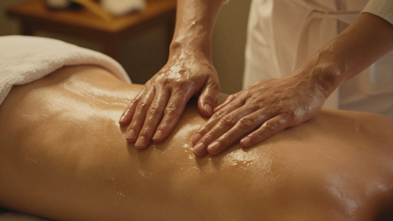 Hands gently applying warm oil to a back, with golden light highlighting smooth skin and rhythmic motion.