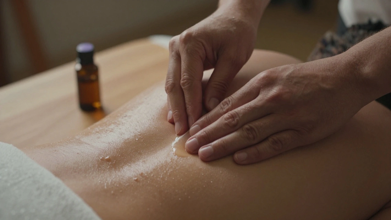 Hands massaging a lower back with essential oil, showing gentle pressure and natural skin texture.